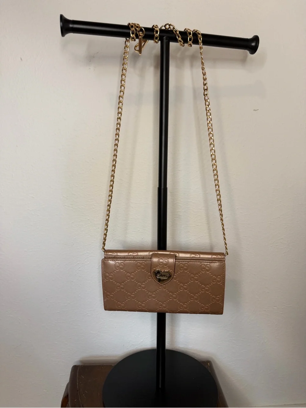 Gucci Metallic Pink Guccissima Leather Wallet w/ Gold Chain